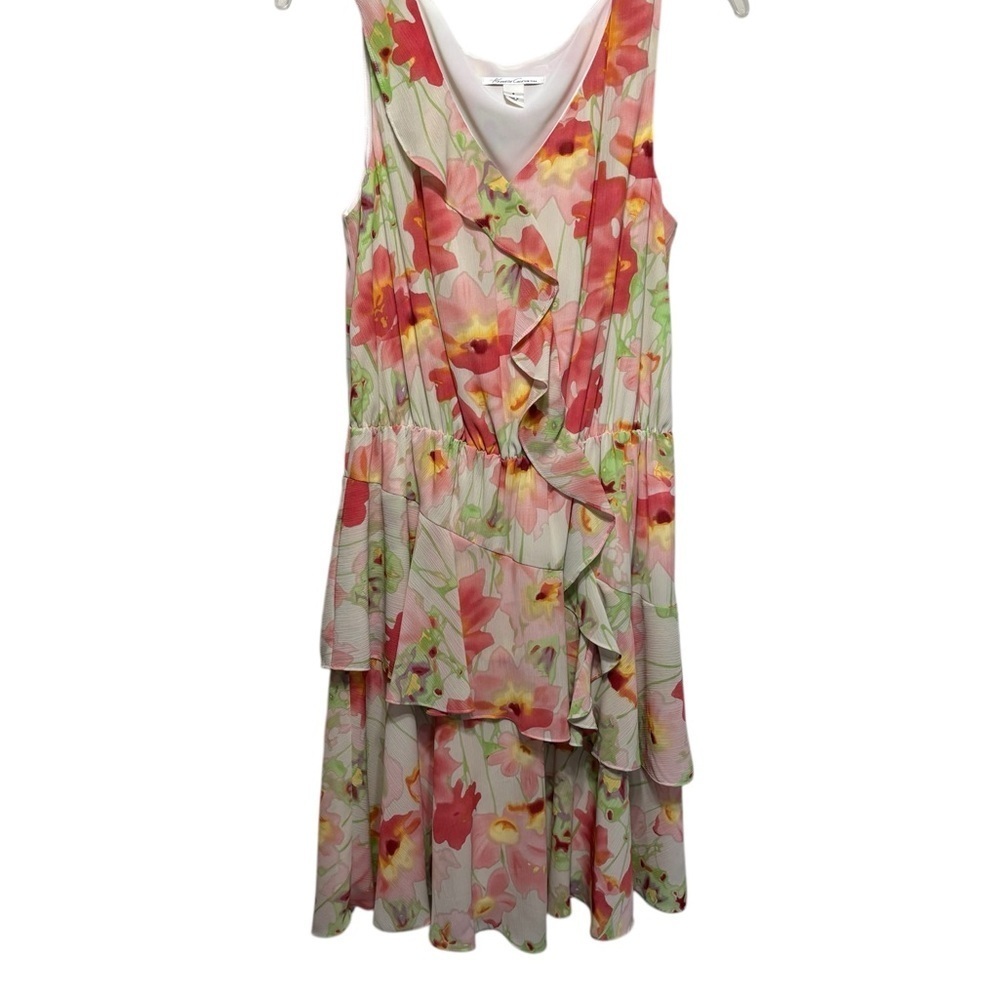 Kenneth Cole Floral Sleeveless Pink Floral Midi Dress with Ruffle Details size 8